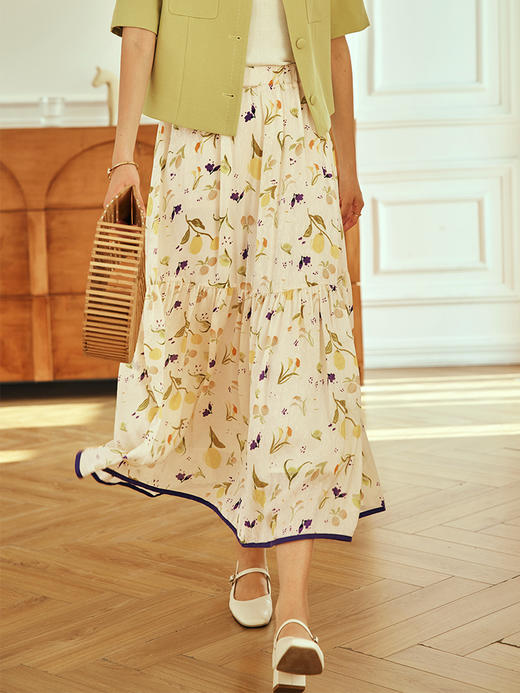 OLrain欧芮儿法式碎花半身裙女春季2023年新款高腰撞色A字伞摆裙 商品图2