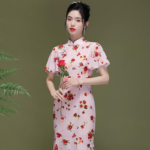 OY-230177新款中国风荷叶袖鱼尾改良旗袍连衣裙230177 商品图4