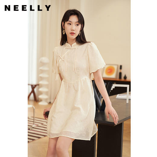 NEELLY纳俪新中式国风连衣裙女收腰泡泡袖精致重工收腰旗袍裙夏季N23054Y05528 商品图0
