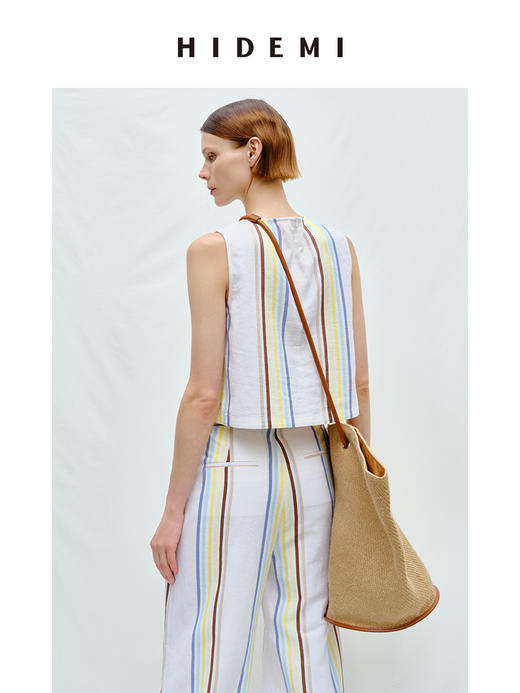 HIDEMI度假系列水洗阳光彩色条纹亚麻套装 背心/卷边阔腿裤 商品图4