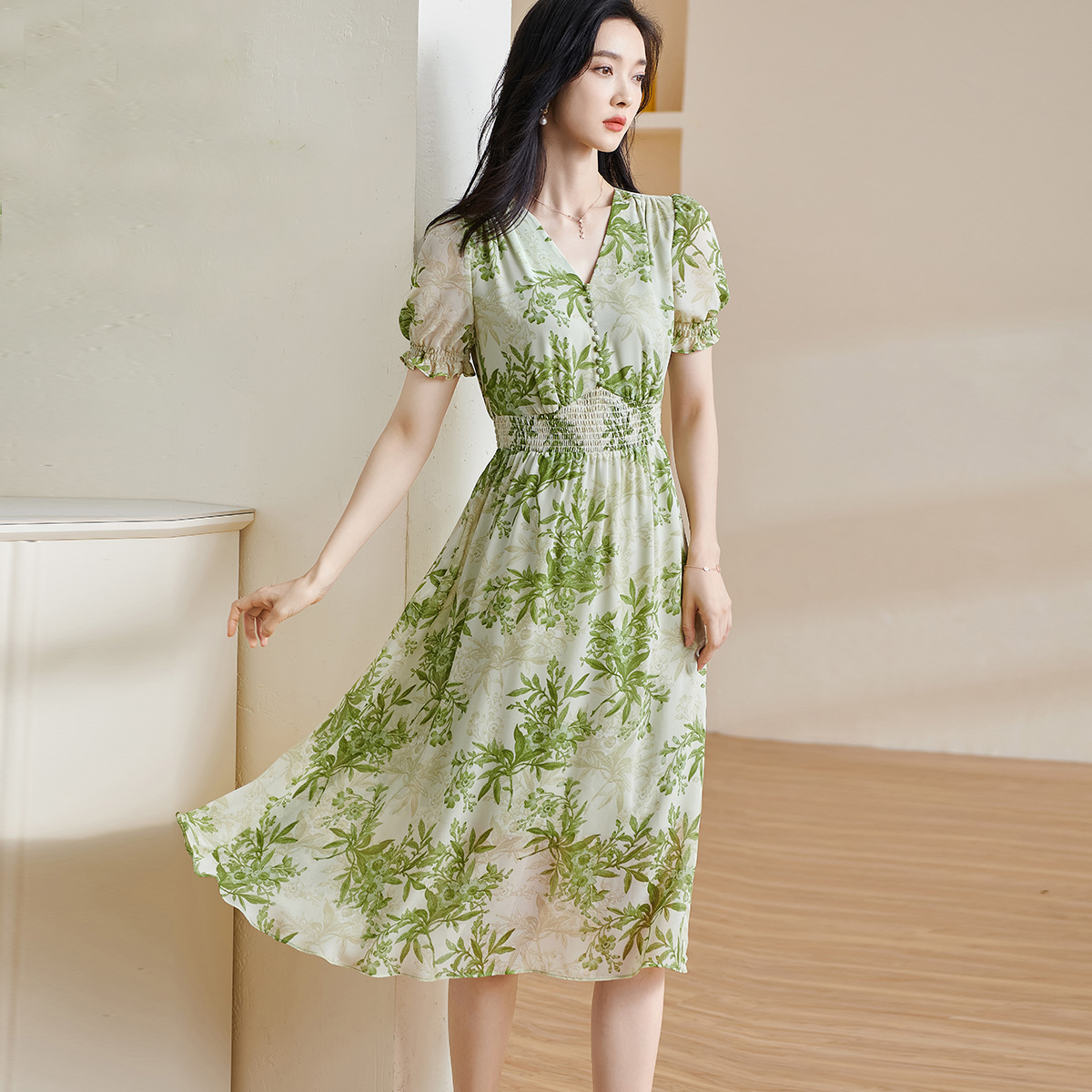 米思阳2025夏季新款文艺印花收腰裙小众打揽显瘦雪纺连衣裙女1577