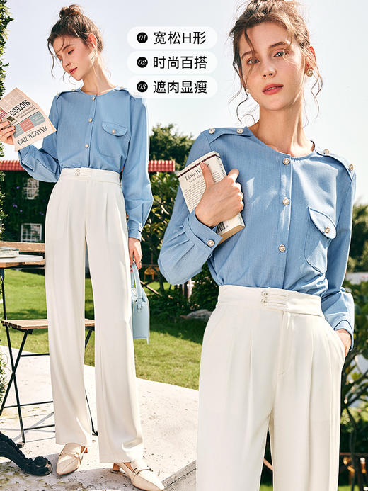OLrain欧芮儿法式牛仔蓝衬衫女春季2023年新款宽松设计感圆领衬衣 商品图2