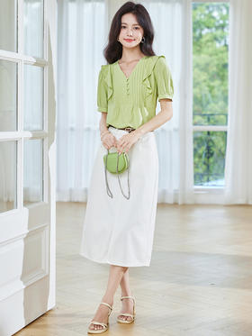 【49元福袋，不支持退换】熙世界法式荷叶边衬衫女夏设计感泡泡袖V领上衣时尚洋气绿色小衫