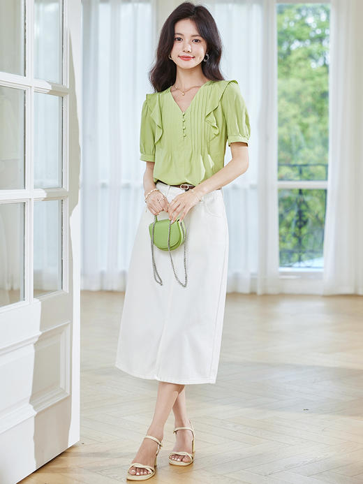 【49元福袋，不支持退换】熙世界法式荷叶边衬衫女夏设计感泡泡袖V领上衣时尚洋气绿色小衫 商品图0