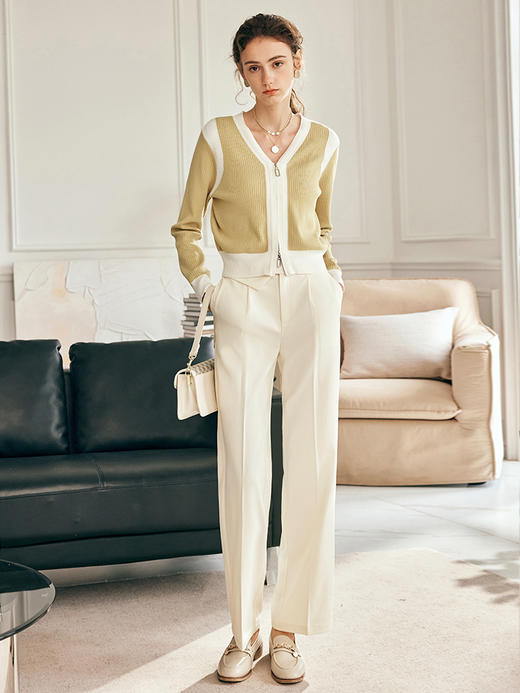 OLrain欧芮儿法式杏色休闲裤女春季2023新款高腰直筒开叉阔腿裤子 商品图3