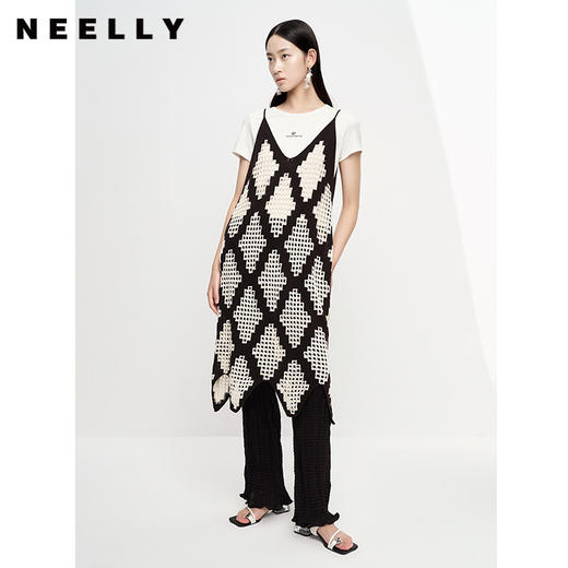 NEELLY纳俪商场同款黑白格子叠穿镂空吊带连衣裙两件套白色T恤夏N23061Z01208 商品图0