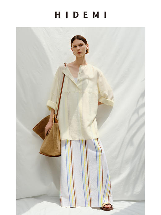HIDEMI度假系列水洗阳光彩色条纹亚麻吊带连衣裙 商品图7