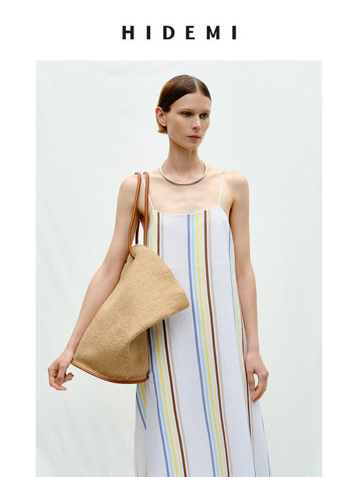 HIDEMI度假系列水洗阳光彩色条纹亚麻吊带连衣裙 商品图1