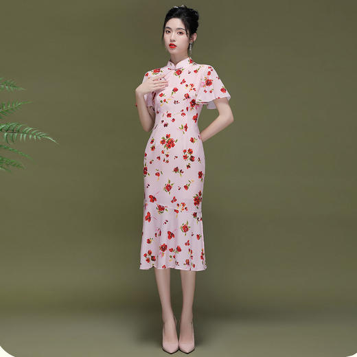OY-230177新款中国风荷叶袖鱼尾改良旗袍连衣裙230177 商品图1