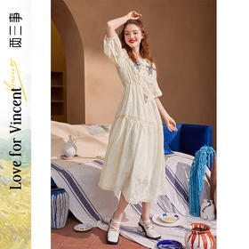 两三事梵高艺术嗜好冷鸢 夏新款鸢尾花刺绣蕾丝拼接绑带连衣裙