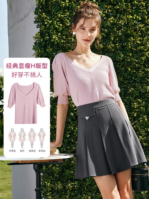 OLrain欧芮儿法式粉色针织衫女夏季2023年新款修身V领冰爽套头衫 商品图2