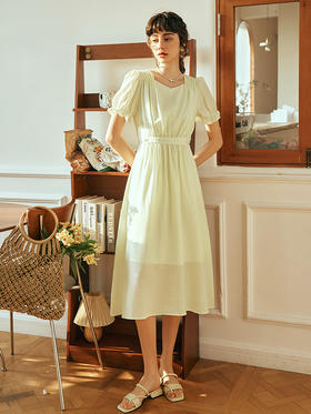 OLrain欧芮儿法式浅黄色连衣裙女夏季2023年新款收腰泡泡袖茶歇裙