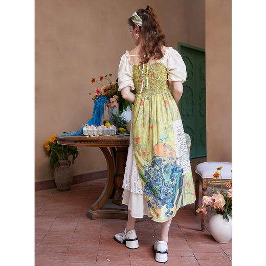 两三事梵高艺术荷以清凉夏季田园风泡泡袖印花绑带连衣裙 商品图3