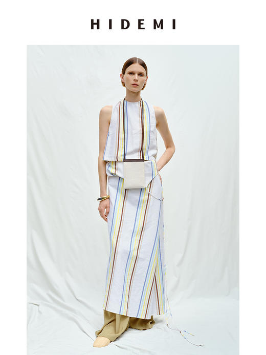 HIDEMI度假系列水洗阳光彩色条纹亚麻吊带连衣裙 商品图8