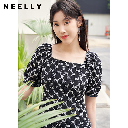 NEELLY纳俪商场同款法式复古连衣裙女夏季新款刺绣显瘦收腰小黑裙N23054Y06677 商品图1