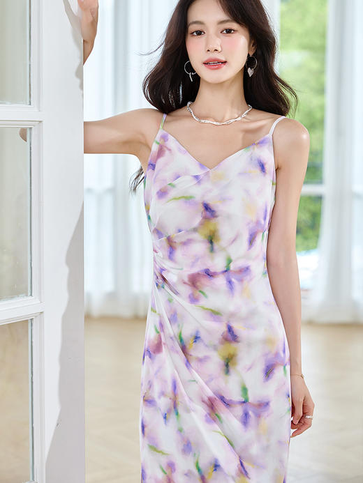 【专属特价】熙世界晕染印花小性感开叉V领吊带裙女夏季新款茶歇法式连衣裙子 商品图0