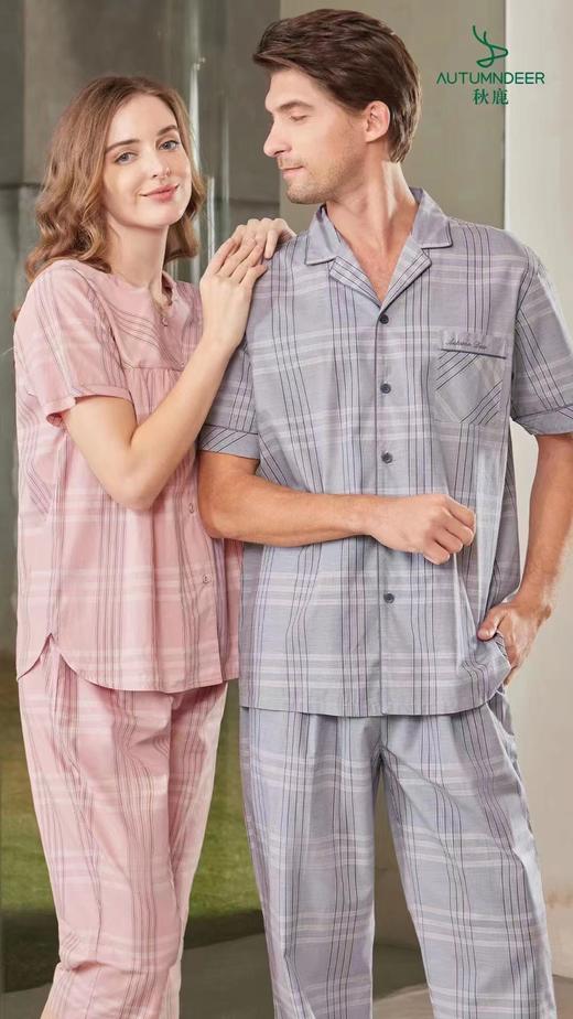 秋鹿睡衣春夏新款梭织格竹节纱色织格国民领短袖长裤男套 商品图0