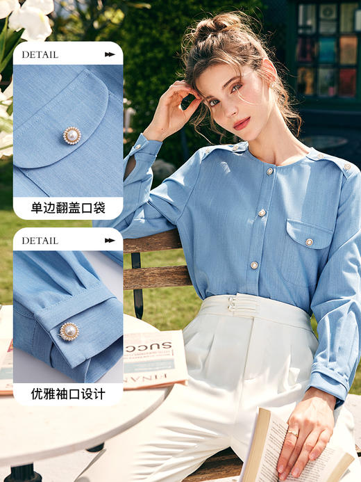 OLrain欧芮儿法式牛仔蓝衬衫女春季2023年新款宽松设计感圆领衬衣 商品图1