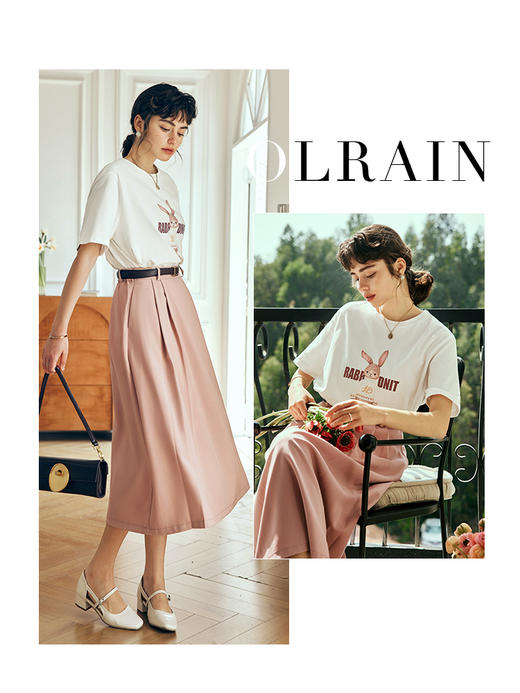 OLrain欧芮儿法式米白色短袖T恤女夏季2023新款时尚卡通印花上衣 商品图0