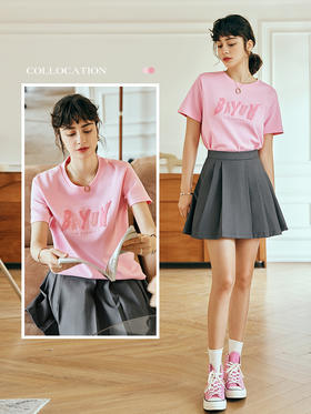 OLrain欧芮儿法式粉色短袖T恤女夏季2023年新款宽松字母刺绣上衣