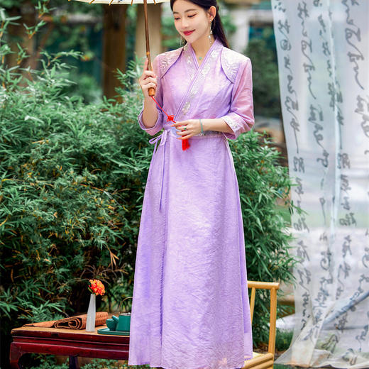 FLZD-2382禅意女装中国风改良汉服仙气复古文艺交领修身长裙紫色茶服连衣裙 商品图0