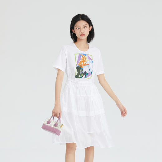 谜底2023夏新款甜美中长裙拼接收腰圆领短袖高腰连衣裙235ML6011 商品图0