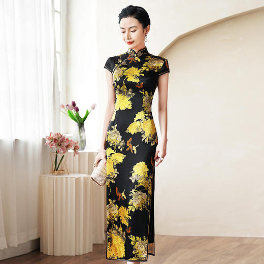 WXG 性感黑真丝桑蚕丝印花旗袍 商品图2