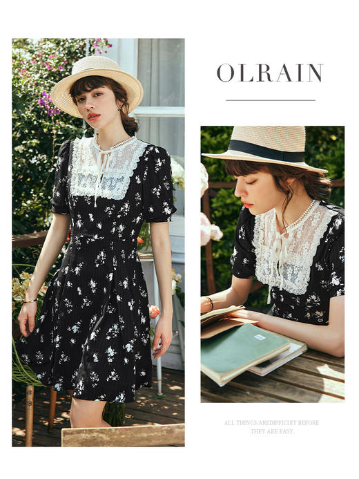 OLrain欧芮儿法式黑色碎花连衣裙女夏季2023年新款收腰蕾丝领裙子 商品图0