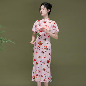 OY-230177新款中国风荷叶袖鱼尾改良旗袍连衣裙230177