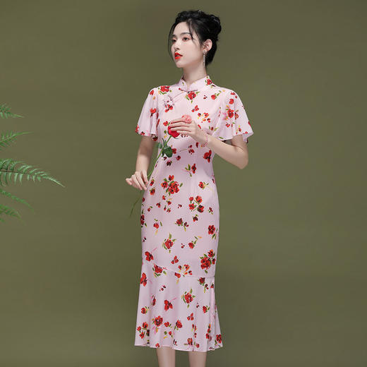 OY-230177新款中国风荷叶袖鱼尾改良旗袍连衣裙230177 商品图0