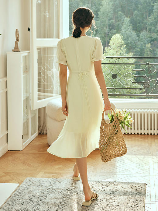 OLrain欧芮儿法式浅黄色连衣裙女夏季2023年新款收腰泡泡袖茶歇裙 商品图2