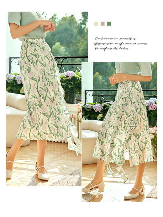 OLrain欧芮儿法式碎花半身裙女夏季2023年新款高腰荷叶边开叉裙子 商品图2