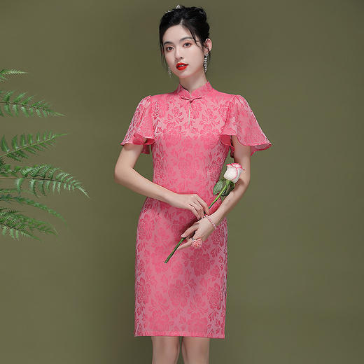 OY-230183夏季新款优雅提花桑波缎荷叶袖年轻改良款旗袍连衣裙230183 商品图2