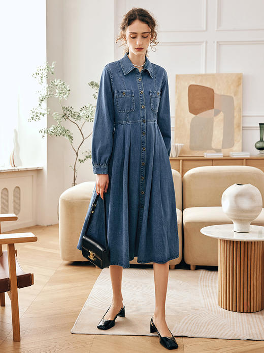 OLrain欧芮儿法式牛仔连衣裙女春季2023年新款收腰复古薄款衬衫裙 商品图0