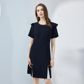 NF8N6斯尔丽瑟俪2023夏季新款压褶皱高腰节撞色下摆连衣裙