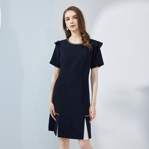 NF8N6斯尔丽瑟俪2023夏季新款压褶皱高腰节撞色下摆连衣裙 商品图0