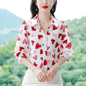 DD-2023夏新款洋气女士七分袖衬衣印花爱心百搭通勤Polo领职业上衣潮