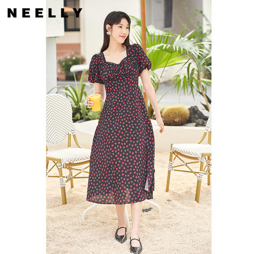 NEELLY纳俪夏季复古方领泡泡袖碎花连衣裙女雪纺A字裙露背度假风N23054Y0551621302 商品图0
