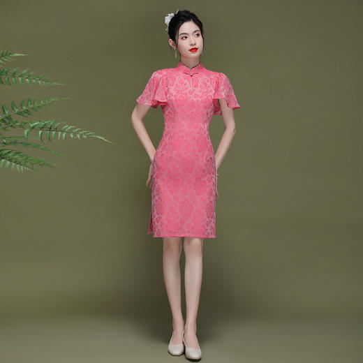 OY-230183夏季新款优雅提花桑波缎荷叶袖年轻改良款旗袍连衣裙230183 商品图8