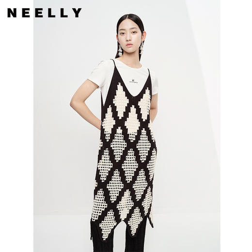 NEELLY纳俪商场同款黑白格子叠穿镂空吊带连衣裙两件套白色T恤夏N23061Z01208 商品图2
