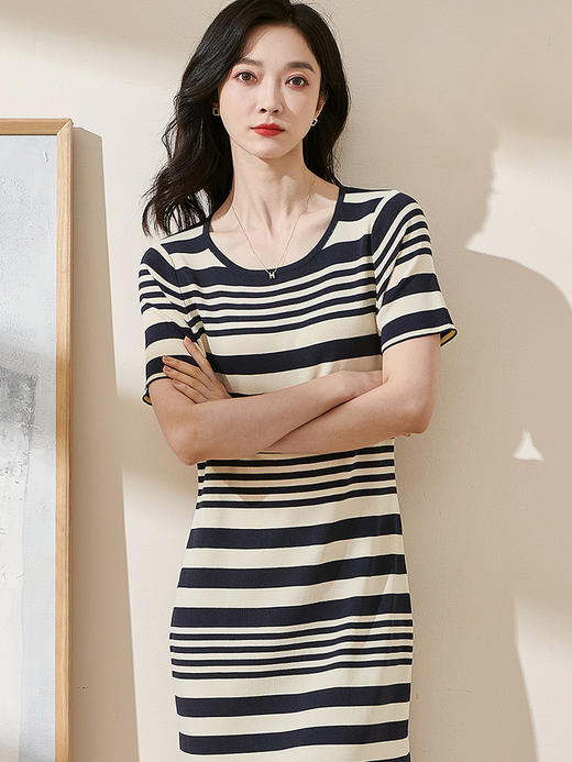 米思阳2024夏季新款通勤休闲条纹短袖连衣裙修身弹力针织裙子1733 商品图1
