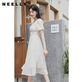 NEELLY纳俪法式温柔超仙连衣裙女泡泡袖夏季甜美压褶显瘦初恋裙N23054Y05525