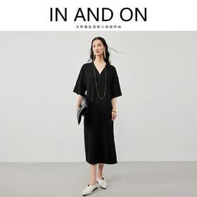 IN AND ON 53352夏季新款女V领系带重磅醋酸显瘦气质宽松开衩连衣裙