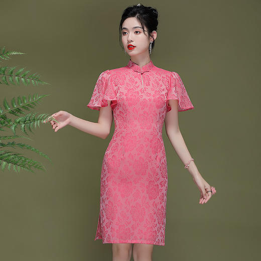 OY-230183夏季新款优雅提花桑波缎荷叶袖年轻改良款旗袍连衣裙230183 商品图0