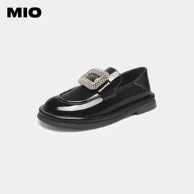 MIO米奥秋季粗跟圆头小皮鞋方扣复古单鞋一脚蹬乐福鞋女 M234500568