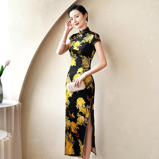 WXG 性感黑真丝桑蚕丝印花旗袍 商品图4