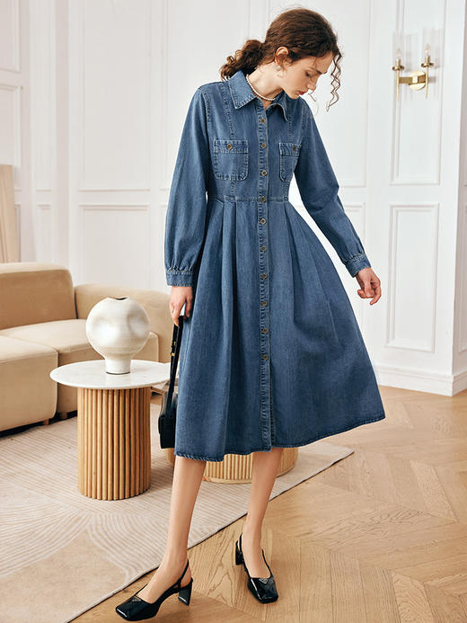 OLrain欧芮儿法式牛仔连衣裙女春季2023年新款收腰复古薄款衬衫裙 商品图3