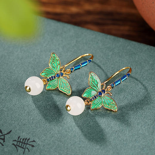 S925纯银和田白玉国潮景泰蓝圆珠蝴蝶耳坠CW-250 商品图1