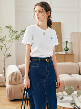 OLrain欧芮儿法式米白色短袖T恤女夏季2023新款宽松刺绣纯棉上衣