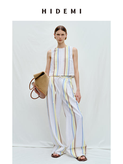 HIDEMI度假系列水洗阳光彩色条纹亚麻套装 背心/卷边阔腿裤 商品图1